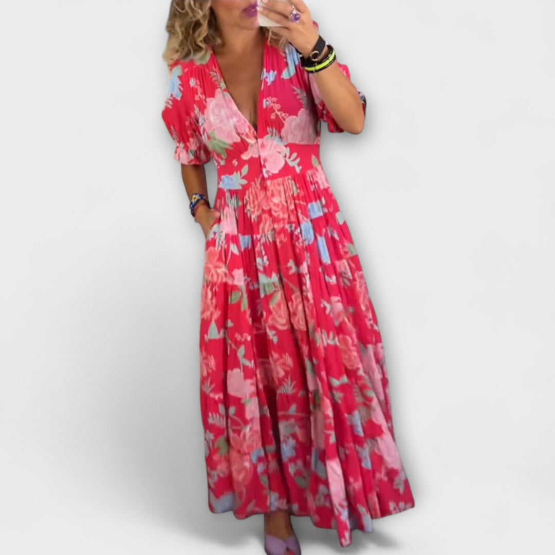 Angelika - Floral Print V-Ausschnitt Taschenkleid