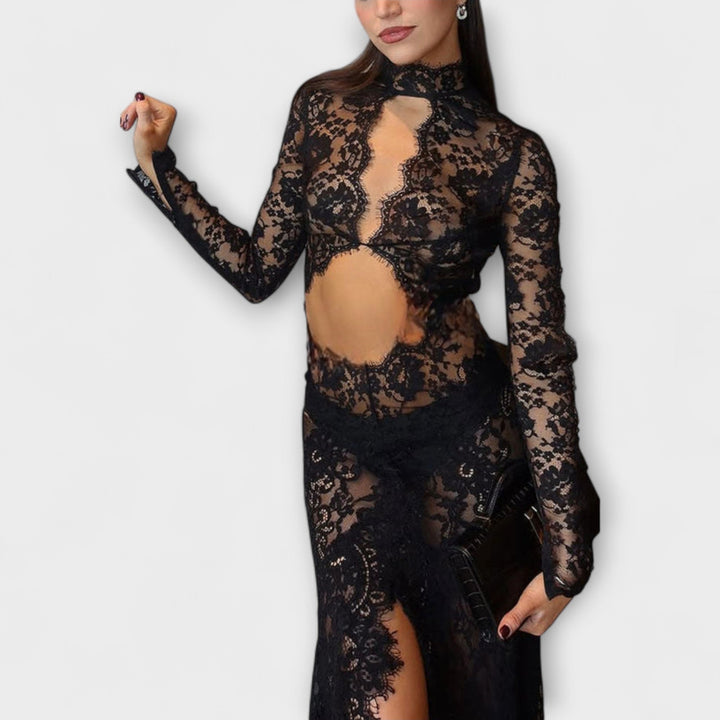 Romy - Midnight Elegance Transparente Cutout Langarm Stretch Maxikleid