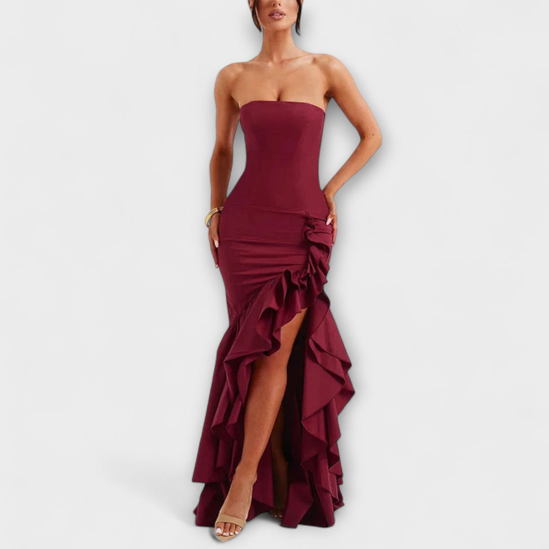 Ulla - Off-Shoulder Slim Fit Maxikleid mit asymmetrischem Saum