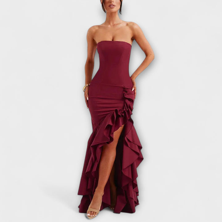 Ulla - Off-Shoulder Slim Fit Maxikleid mit asymmetrischem Saum