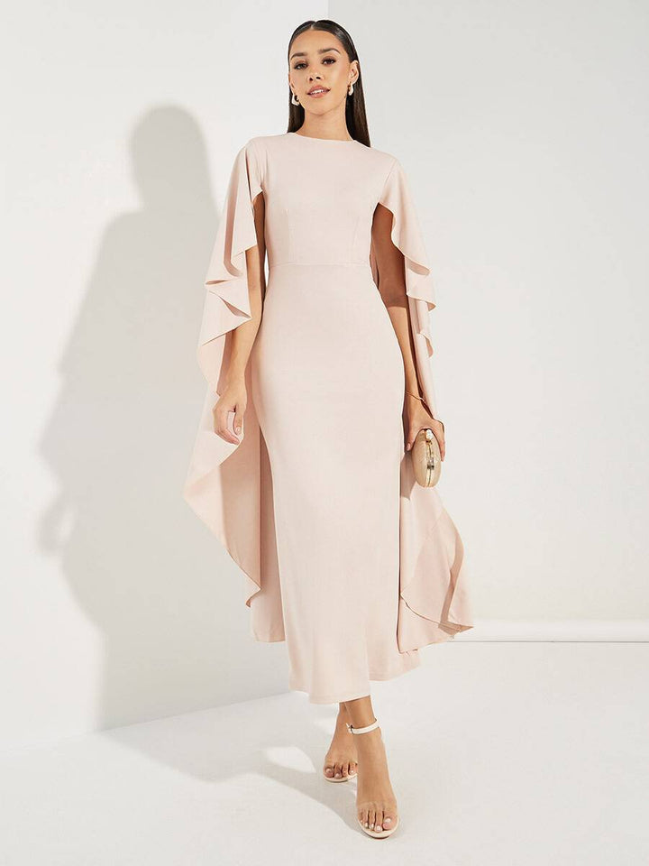 Inga - Hellrosa Midi-Kleid mit V-Ausschnitt und Chiffon-Ärmel
