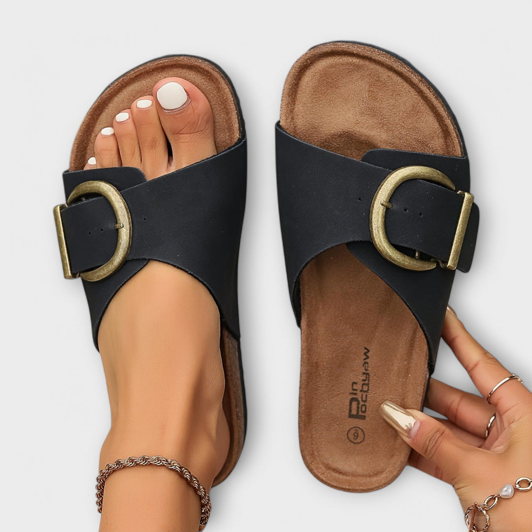 Nanni - Damen Kork Pantoletten mit Schnallenriemen Design
