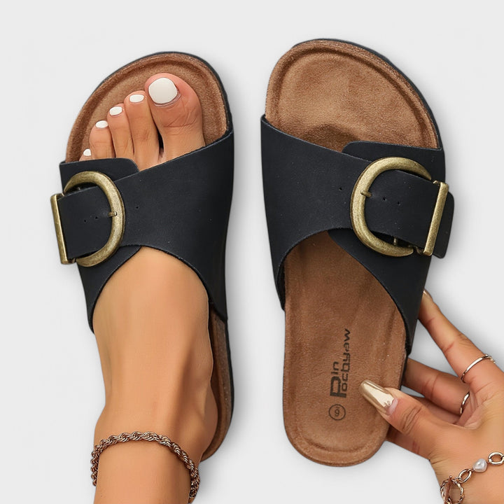 Nanni - Damen Kork Pantoletten mit Schnallenriemen Design