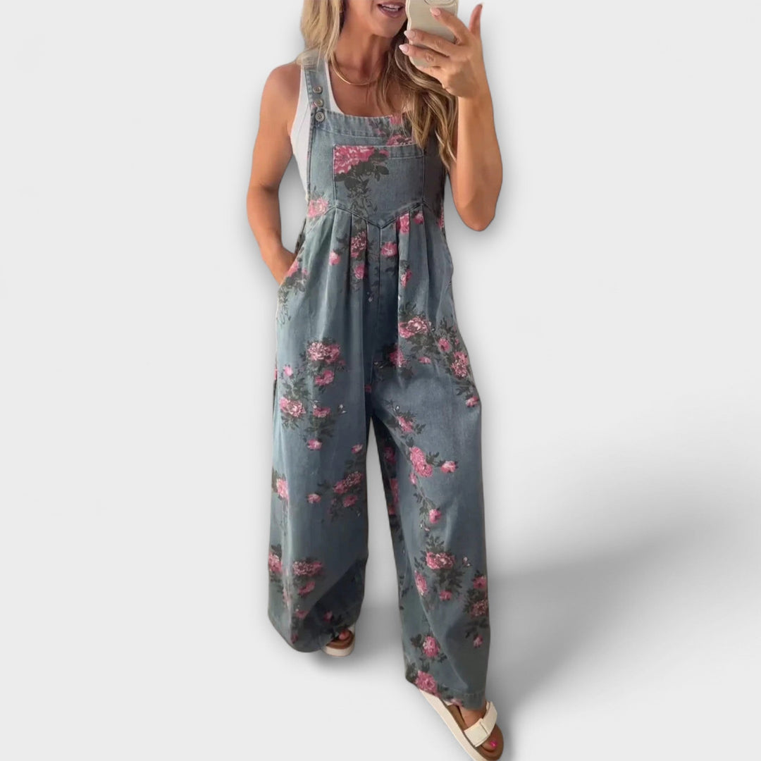 Karlin - Blumenmuster Weite Denim Latzhose