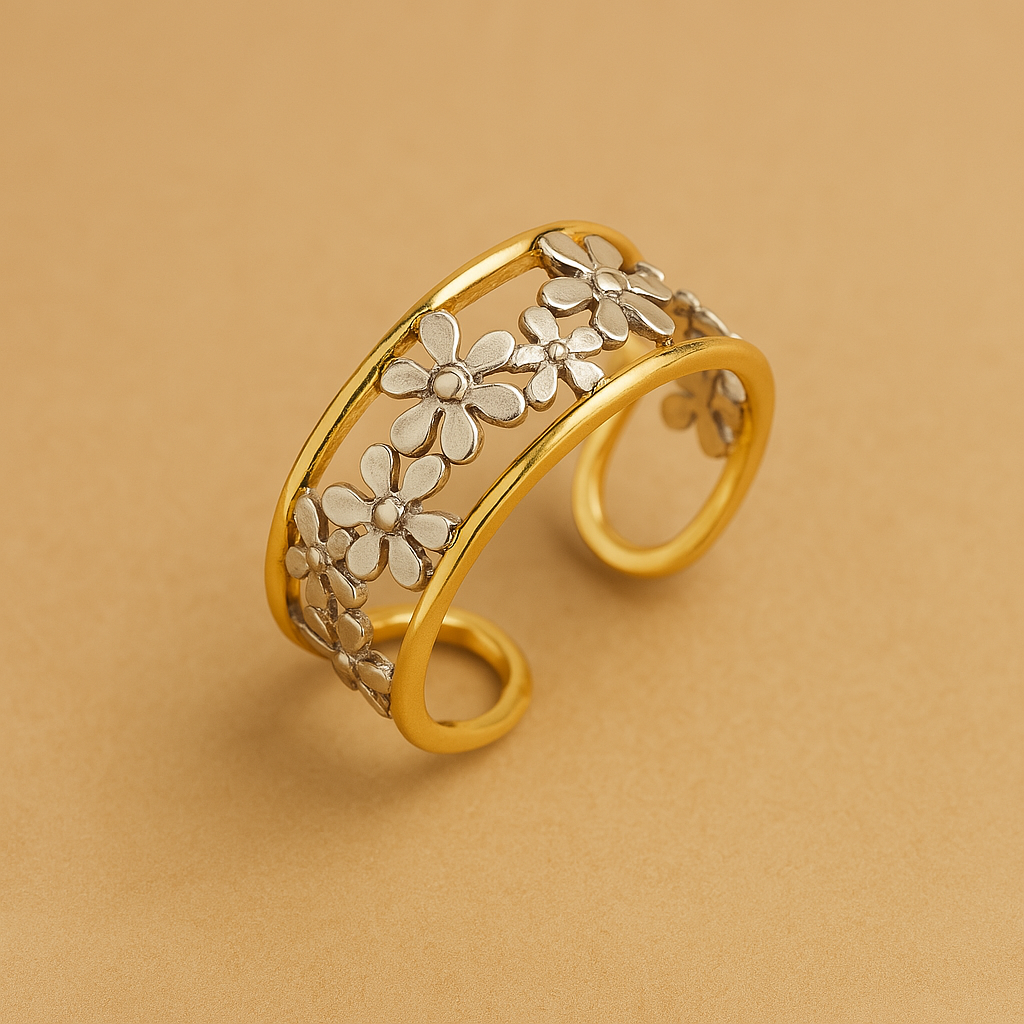 Ilse – Anmutiger, unregelmäßiger verstellbarer Ring mit hohler Margerite