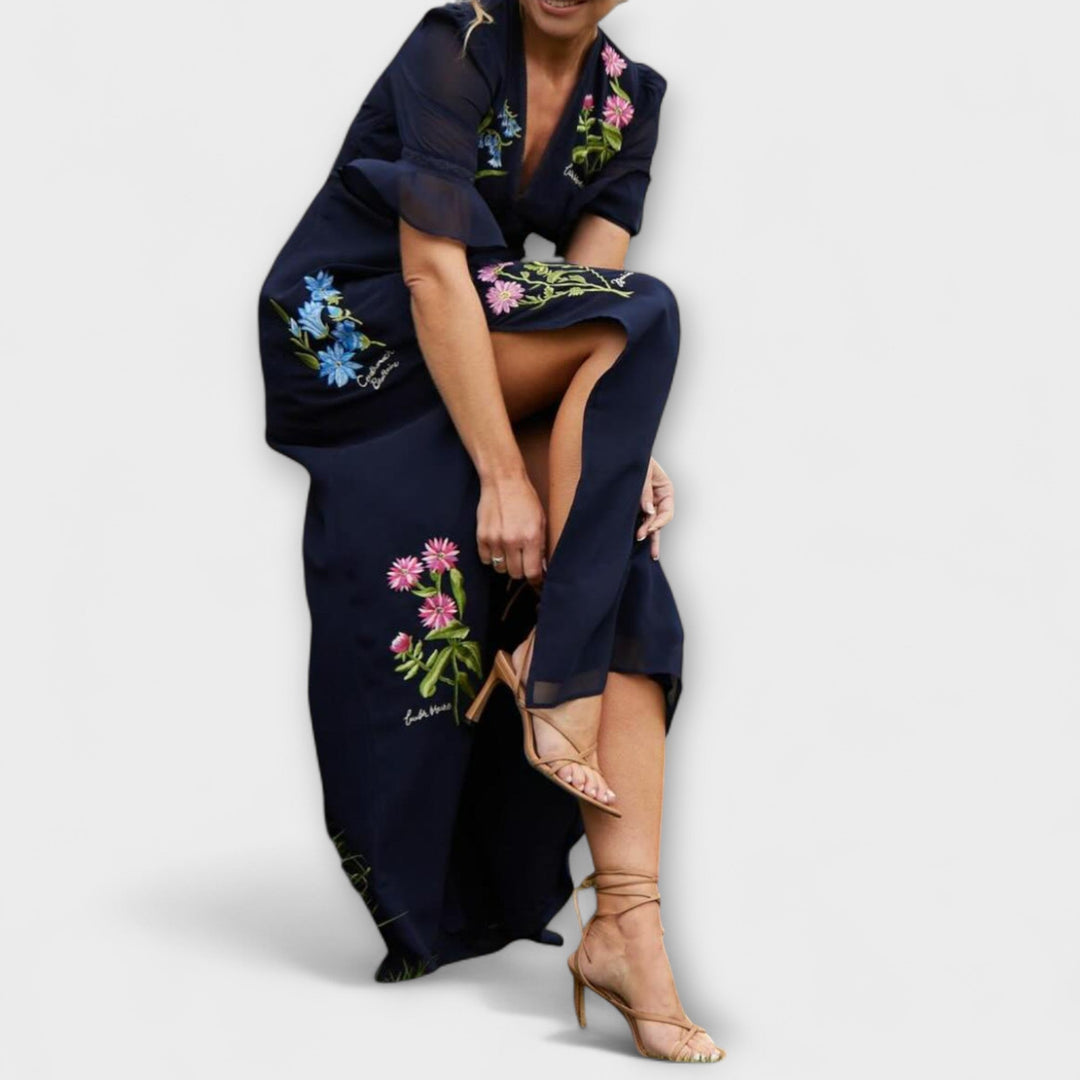 Zoe - Elegantes Navy Blau Kleid mit Floralstickerei