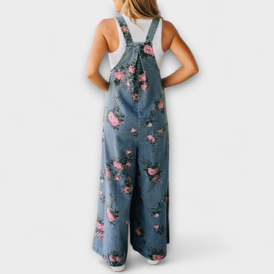 Karlin - Blumenmuster Weite Denim Latzhose