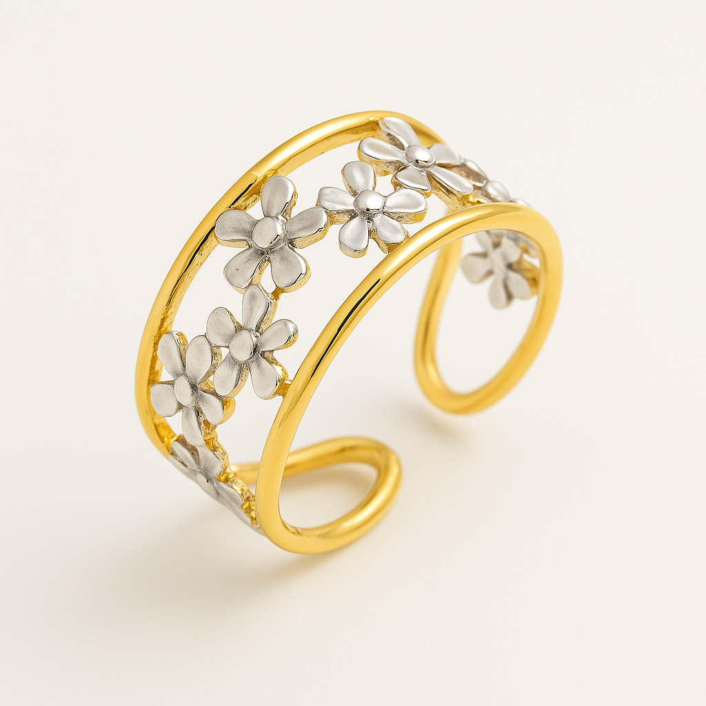 Ilse – Anmutiger, unregelmäßiger verstellbarer Ring mit hohler Margerite