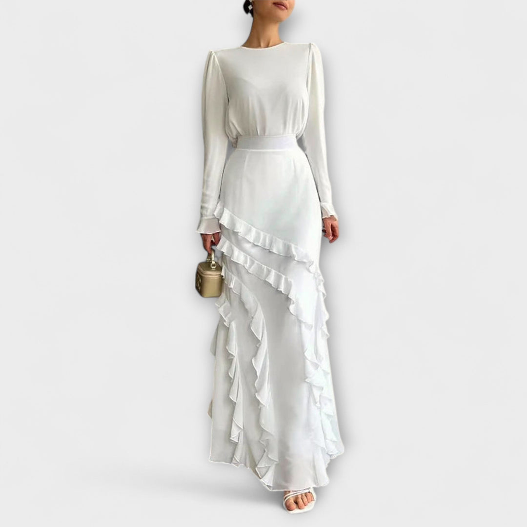 Almut - Slim Fit Langkleid mit dreidimensionalen Rüschen