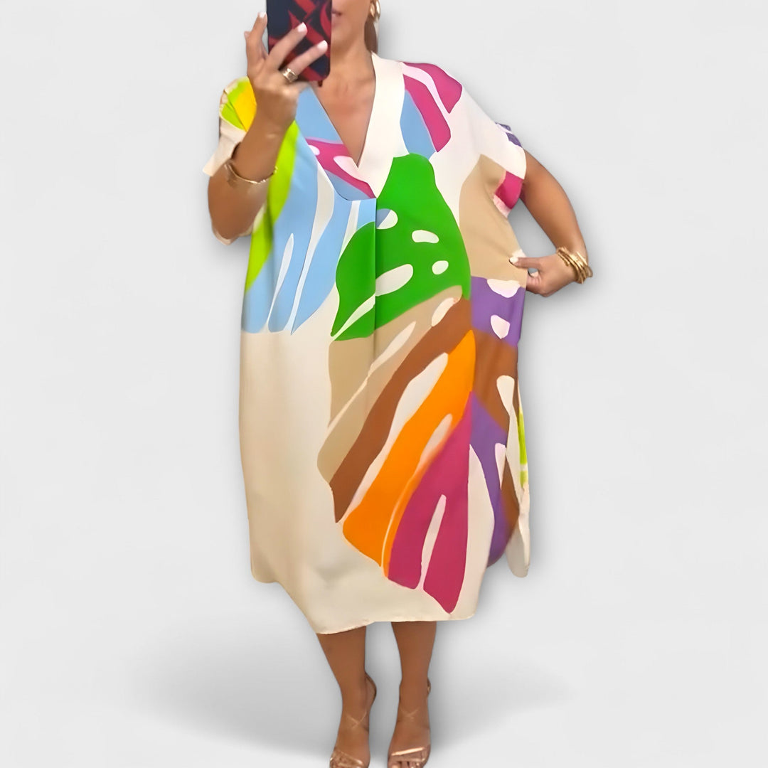 Carola - Lässiges Kleid mit Bunter Blätterdruck