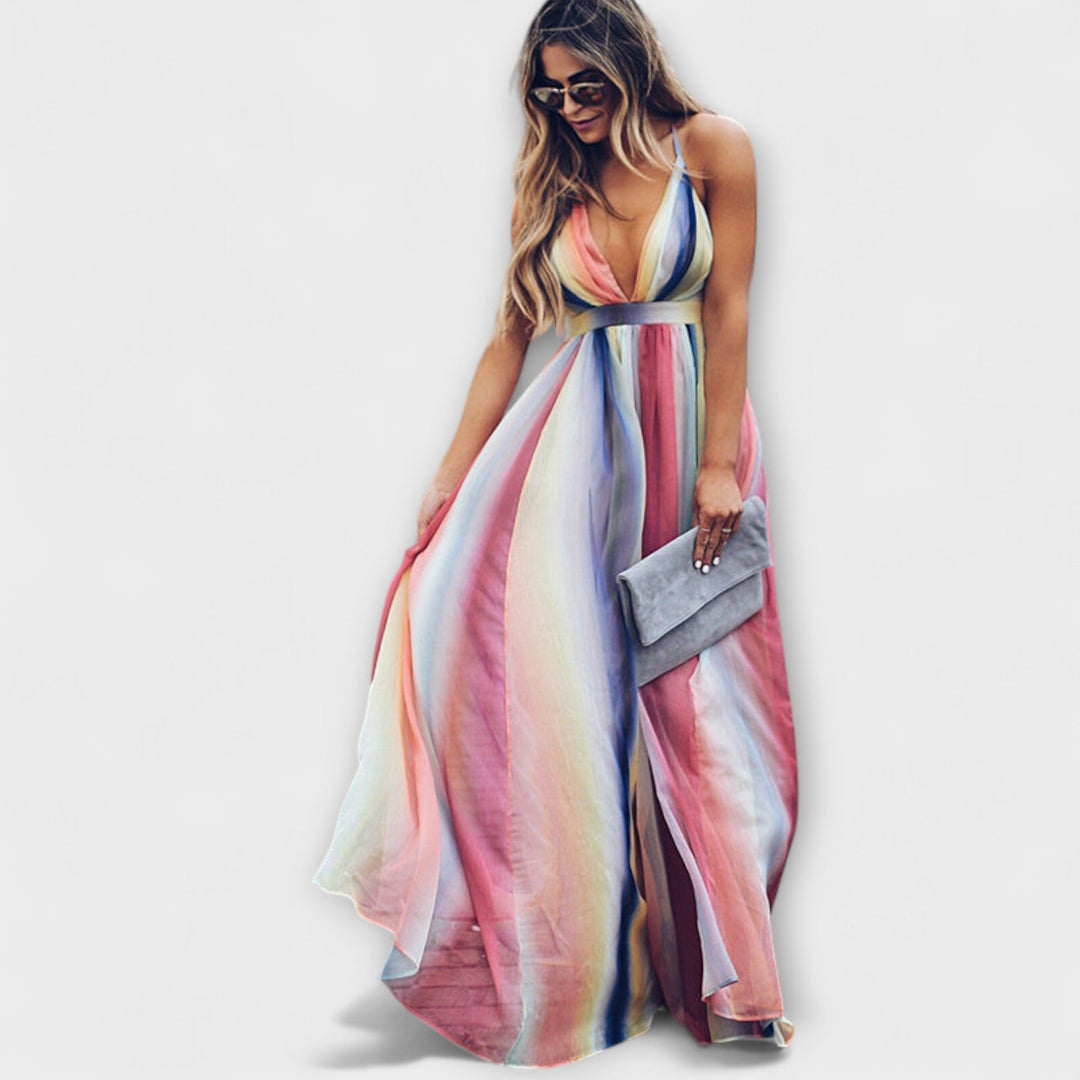 Florence - Mehrfarbig Gestreiftes Damenkleid mit V-Ausschnitt