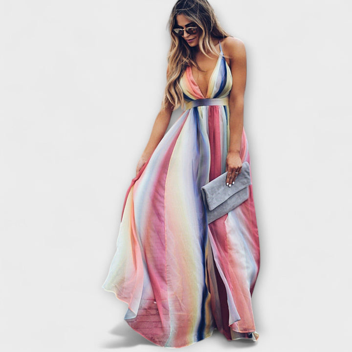 Florence - Mehrfarbig Gestreiftes Damenkleid mit V-Ausschnitt