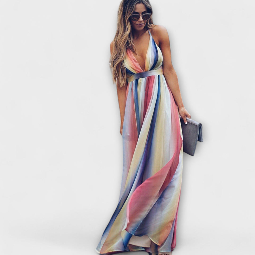 Florence - Mehrfarbig Gestreiftes Damenkleid mit V-Ausschnitt