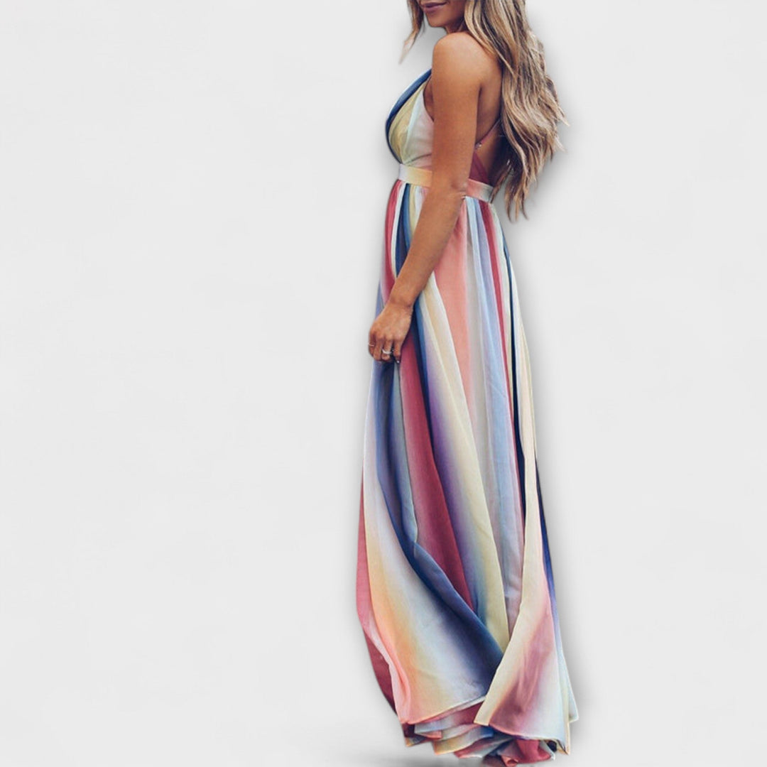 Florence - Mehrfarbig Gestreiftes Damenkleid mit V-Ausschnitt