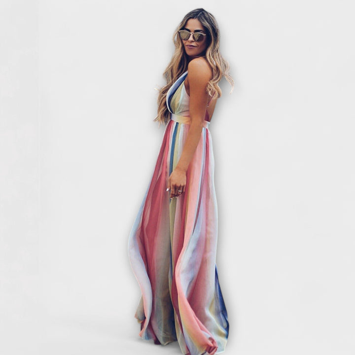 Florence - Mehrfarbig Gestreiftes Damenkleid mit V-Ausschnitt