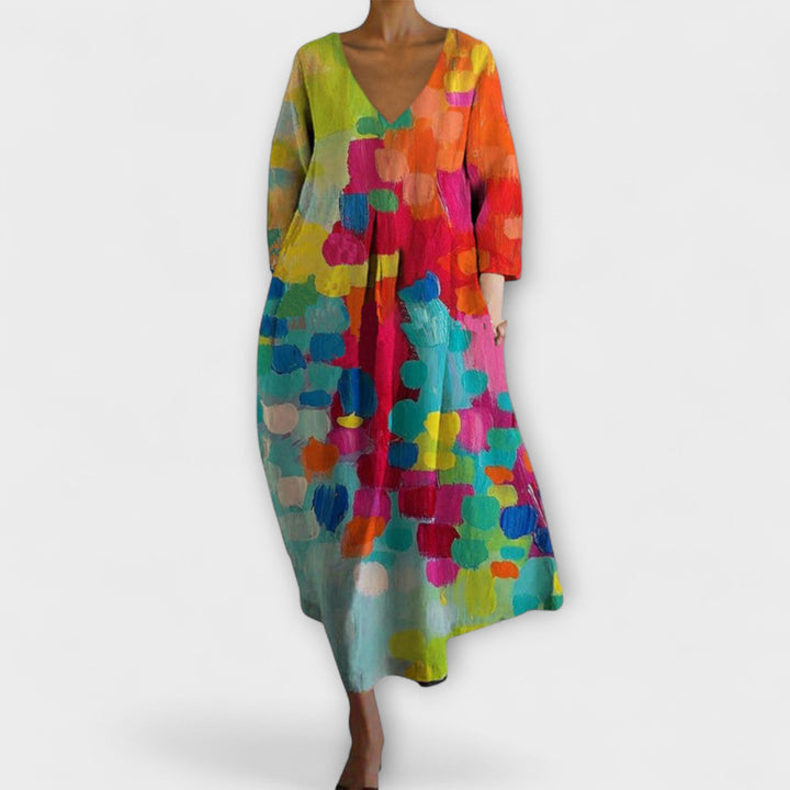 Melinda - Langes, farbenfrohes Kleid mit V-Ausschnitt