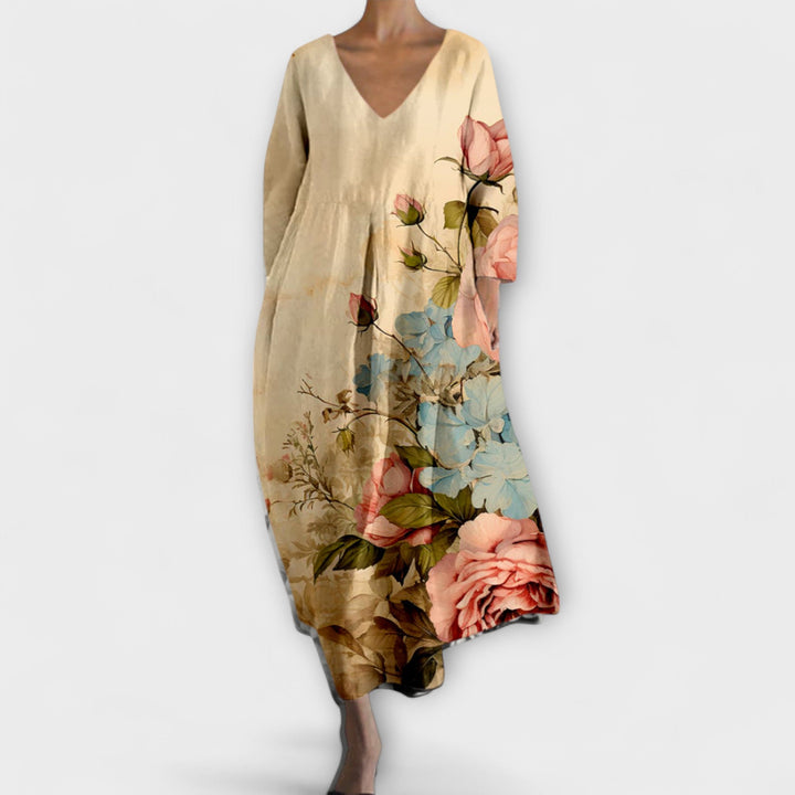 Melinda - Langes, farbenfrohes Kleid mit V-Ausschnitt