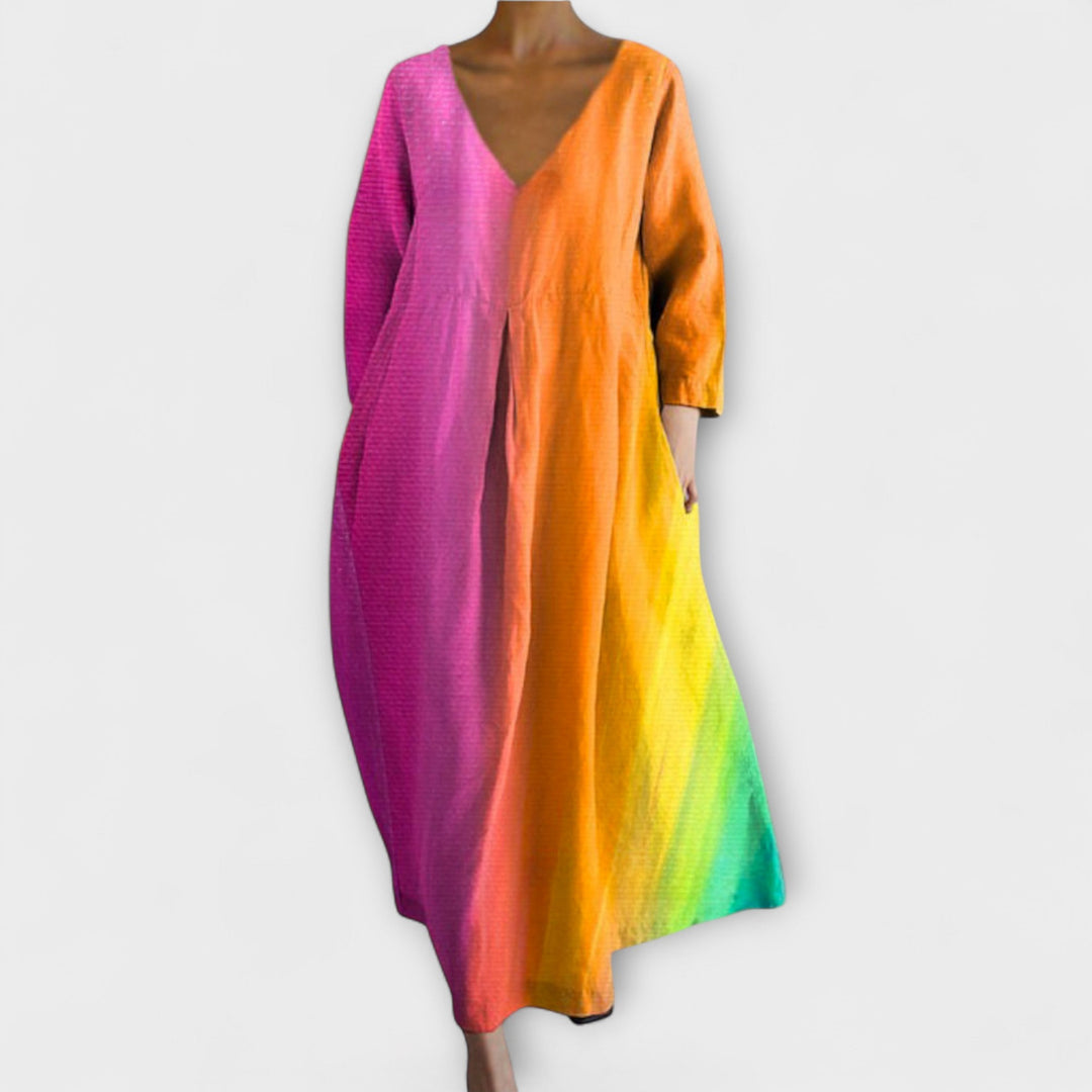 Melinda - Langes, farbenfrohes Kleid mit V-Ausschnitt