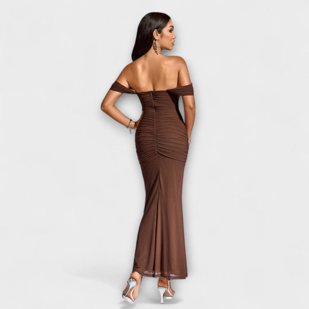 Waltraud - Off-Shoulder Raffung Bodycon Kleid