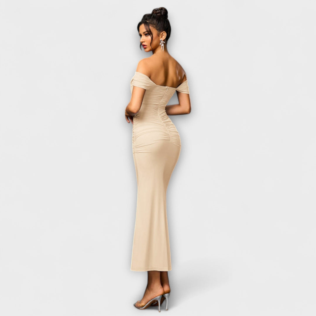 Waltraud - Off-Shoulder Raffung Bodycon Kleid