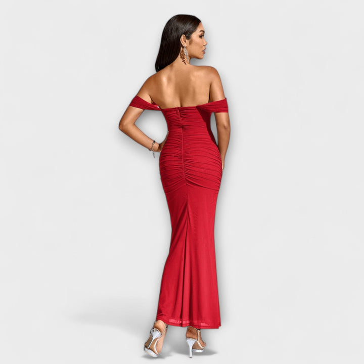 Waltraud - Off-Shoulder Raffung Bodycon Kleid
