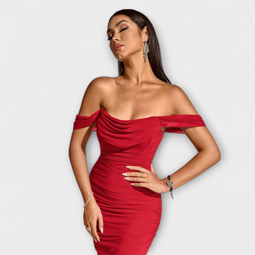 Waltraud - Off-Shoulder Raffung Bodycon Kleid