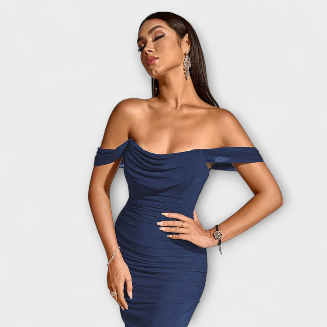 Waltraud - Off-Shoulder Raffung Bodycon Kleid