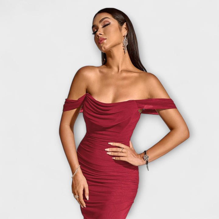 Waltraud - Off-Shoulder Raffung Bodycon Kleid