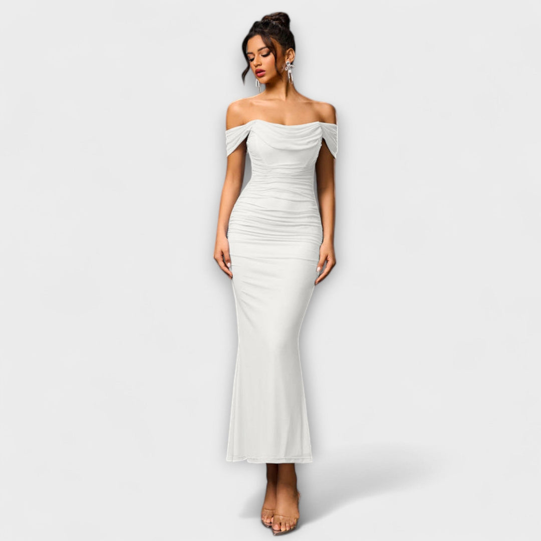 Waltraud - Off-Shoulder Raffung Bodycon Kleid