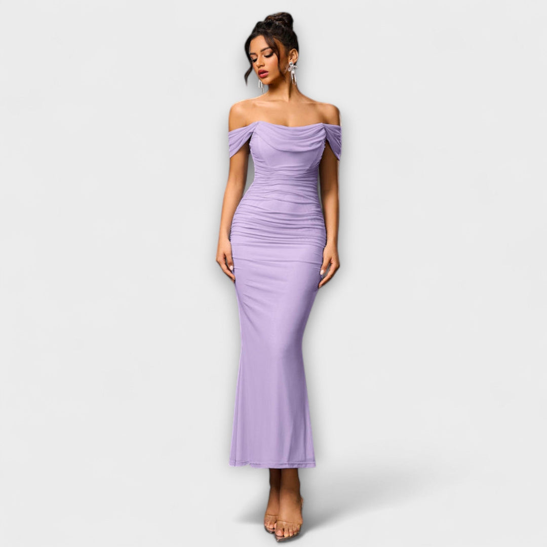 Waltraud - Off-Shoulder Raffung Bodycon Kleid
