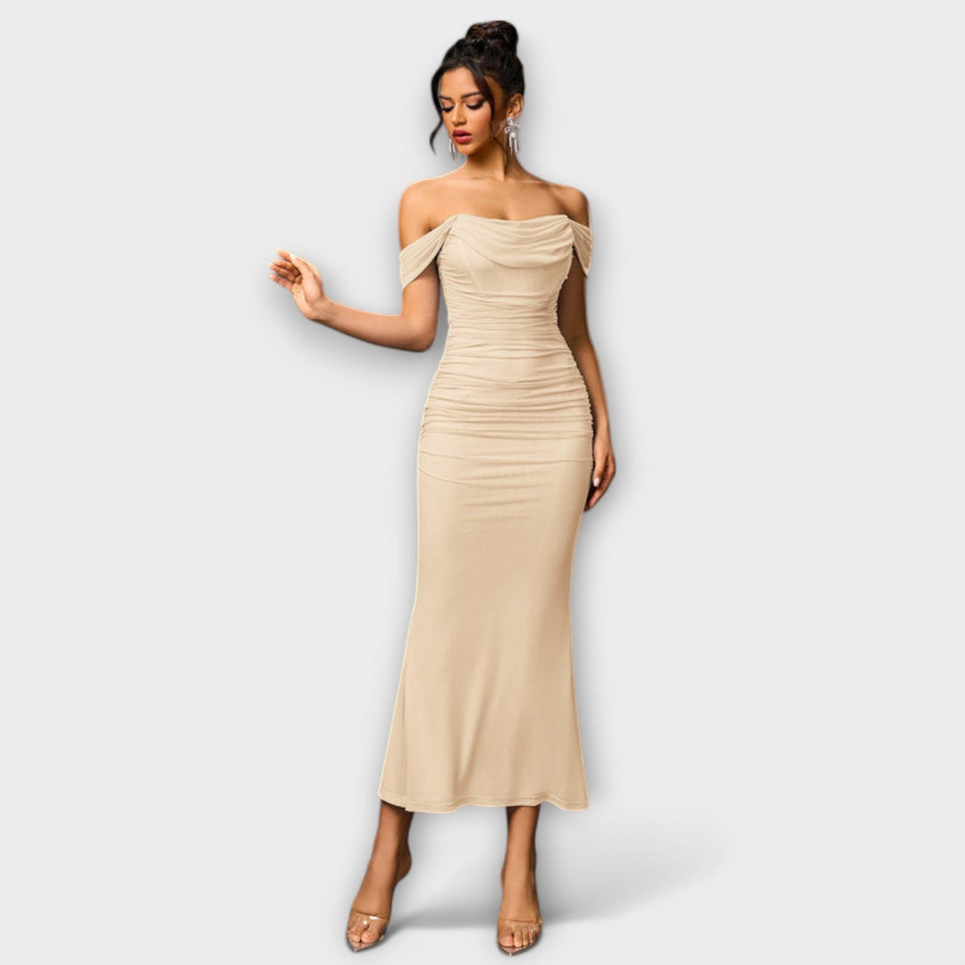 Waltraud - Off-Shoulder Raffung Bodycon Kleid