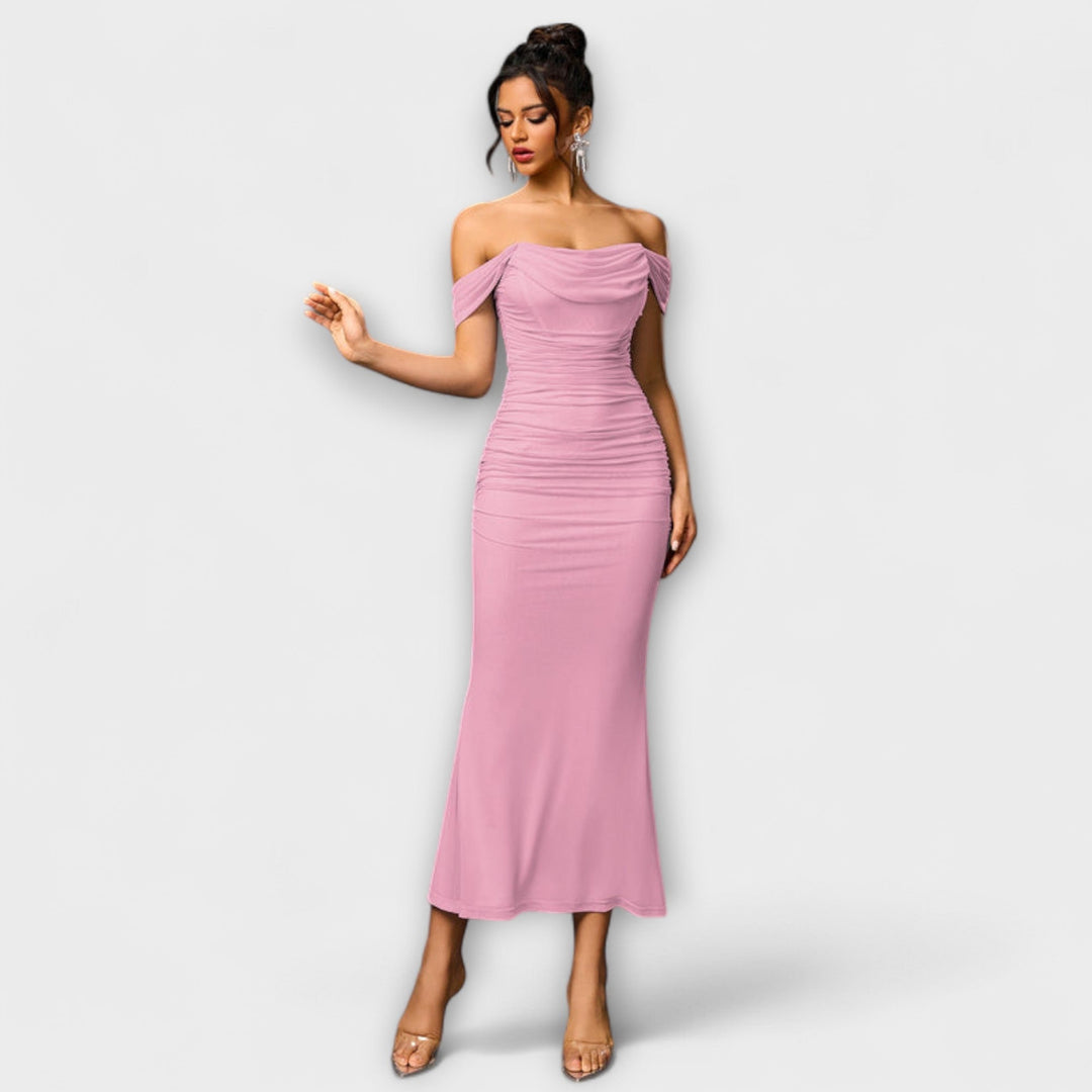 Waltraud - Off-Shoulder Raffung Bodycon Kleid