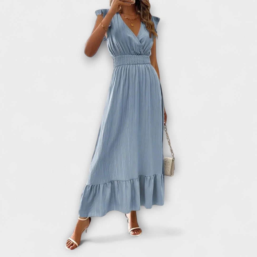 Klara - Maxikleid mit gerüschten Ärmeln und tiefem V-Ausschnitt