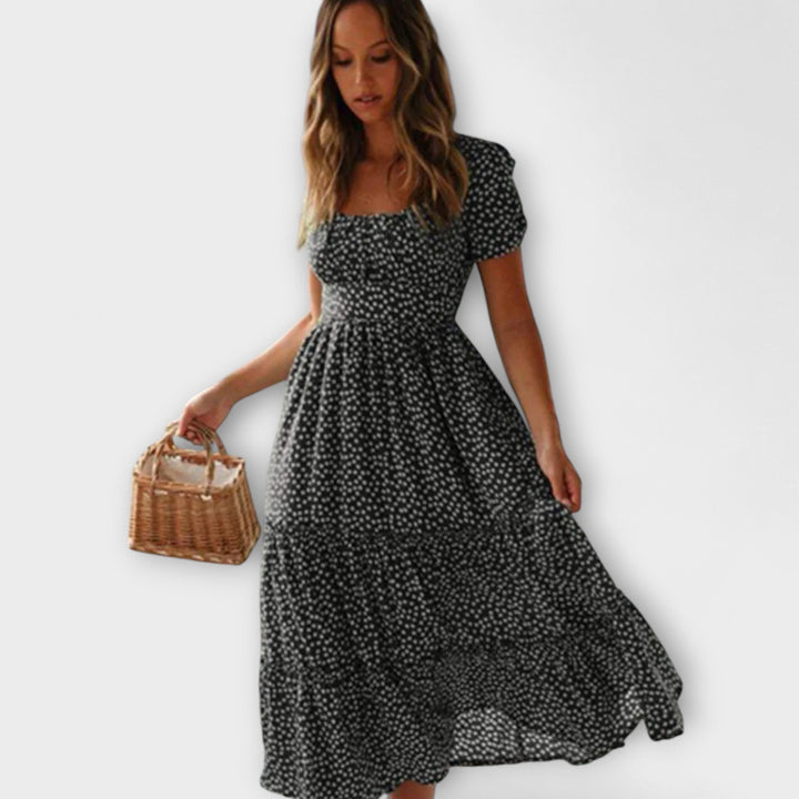 Franka - Vintage Blumenmuster Puffärmel Maxikleid