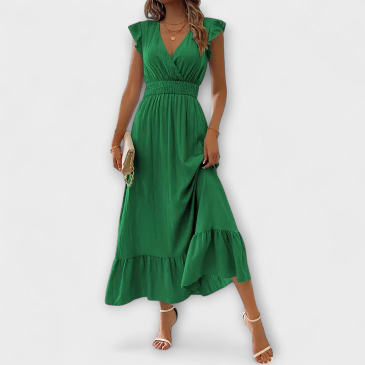 Klara - Maxikleid mit gerüschten Ärmeln und tiefem V-Ausschnitt