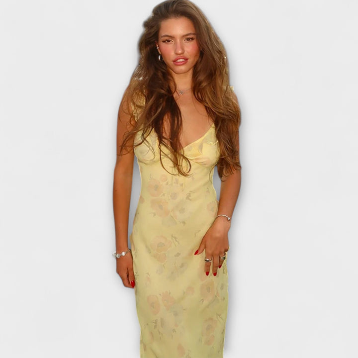 Lisa - Kryptografisches Floralprint Plunge Maxi Kleid