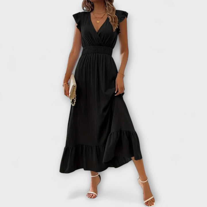 Klara - Maxikleid mit gerüschten Ärmeln und tiefem V-Ausschnitt