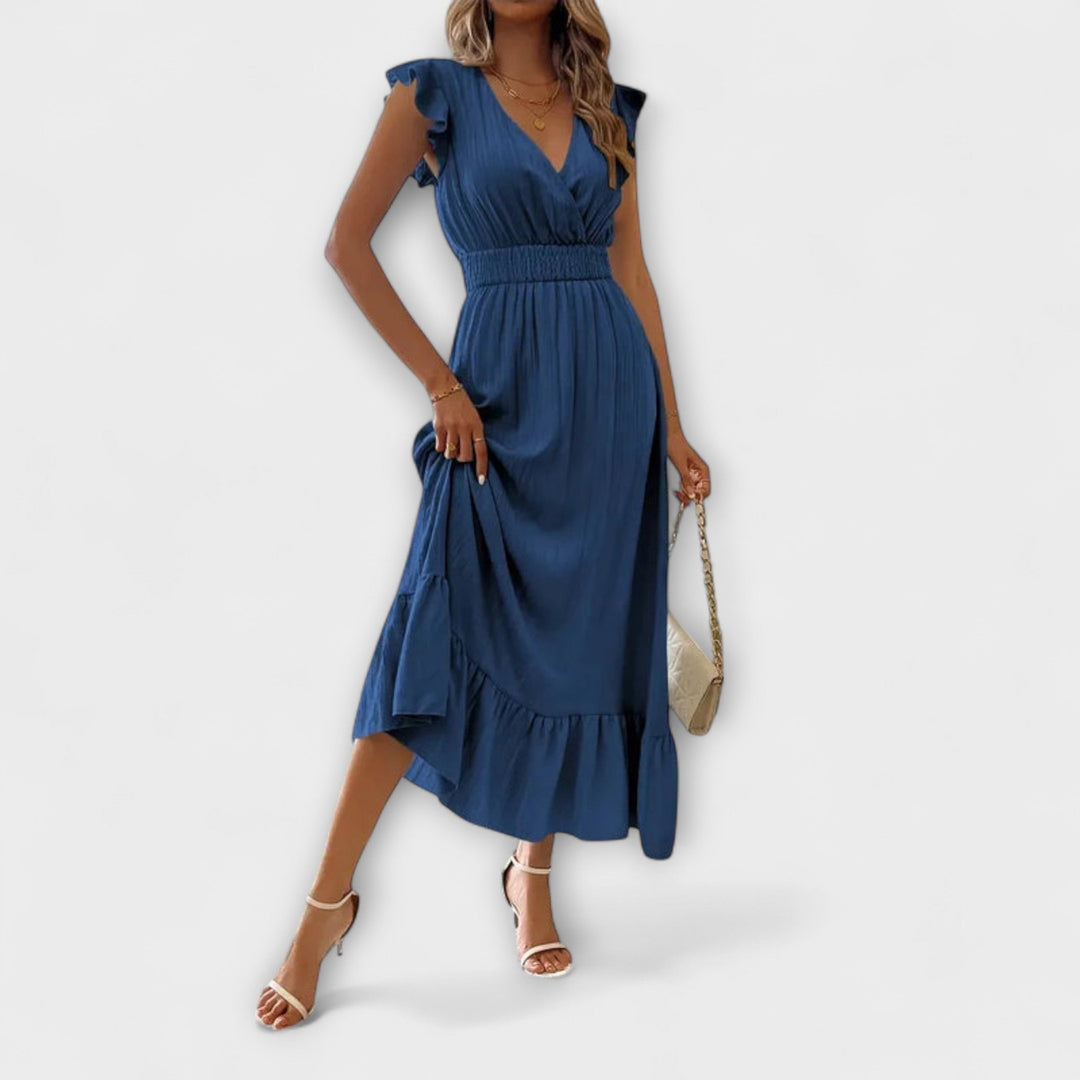 Klara - Maxikleid mit gerüschten Ärmeln und tiefem V-Ausschnitt