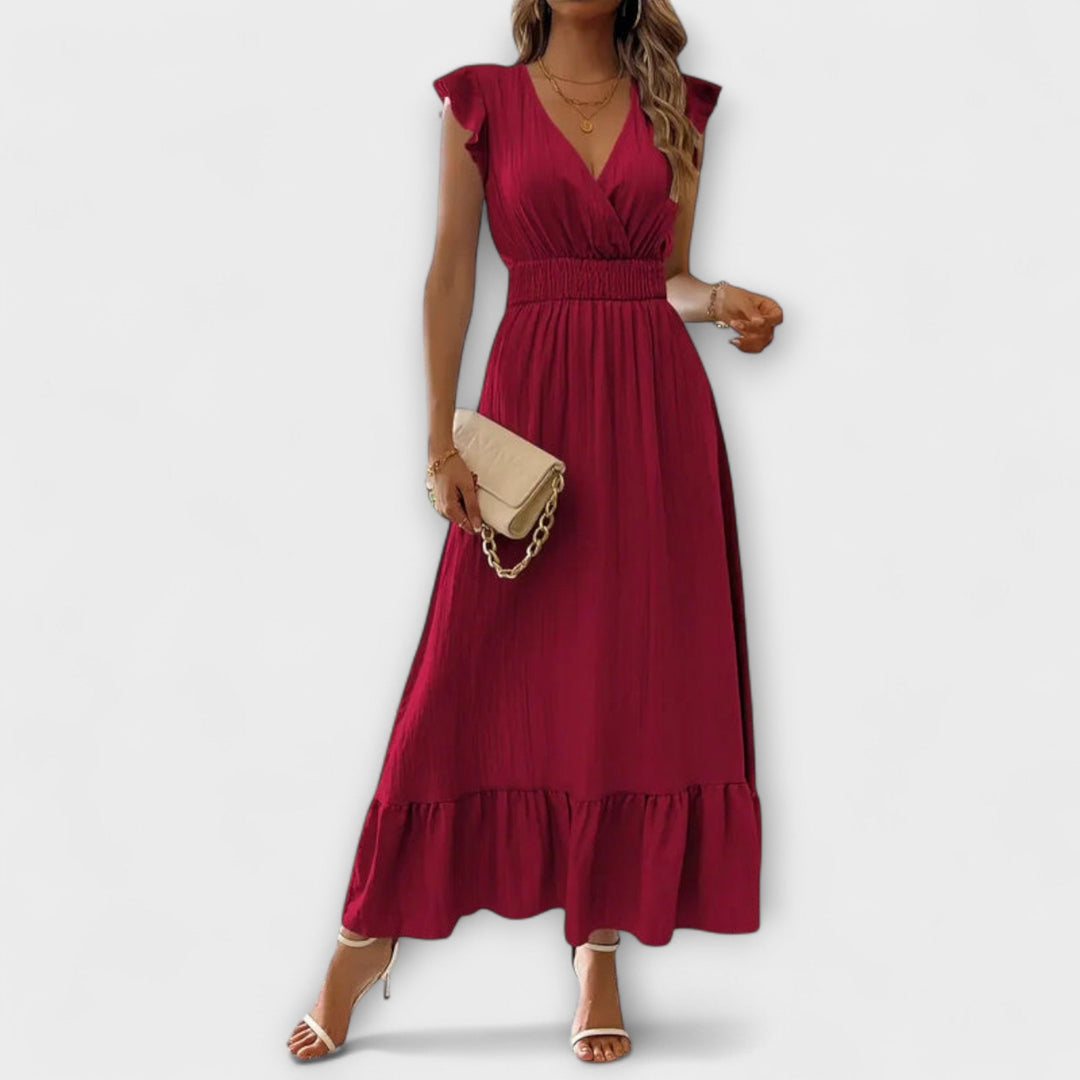 Klara - Maxikleid mit gerüschten Ärmeln und tiefem V-Ausschnitt