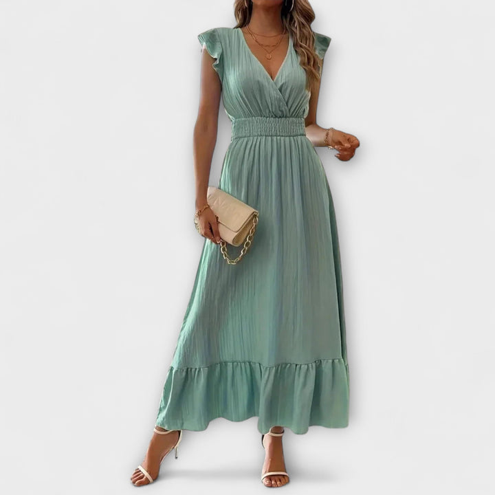 Klara - Maxikleid mit gerüschten Ärmeln und tiefem V-Ausschnitt