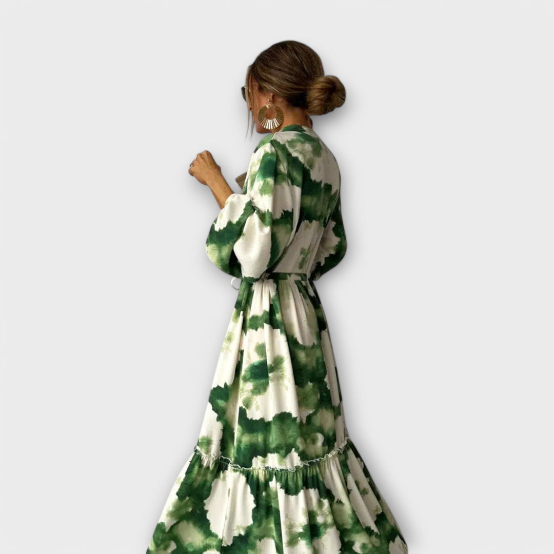Paula - Grünes Maxi-Kleid mit langen Ärmeln und V-Ausschnitt