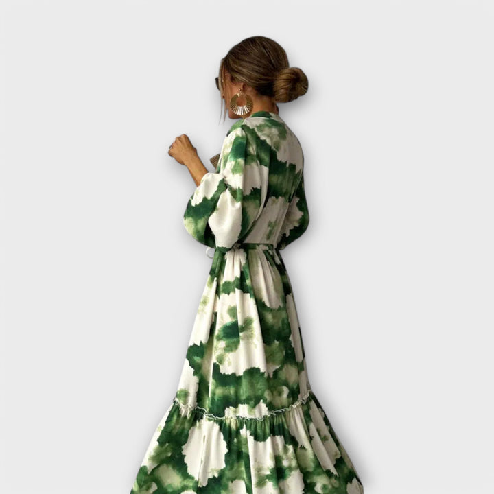 Paula - Grünes Maxi-Kleid mit langen Ärmeln und V-Ausschnitt