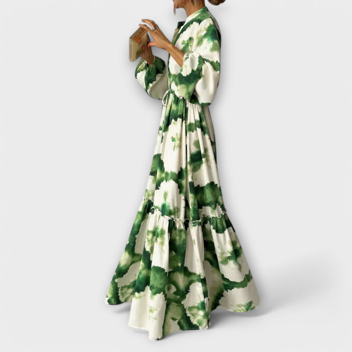 Paula - Grünes Maxi-Kleid mit langen Ärmeln und V-Ausschnitt