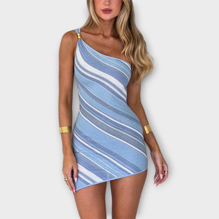Yvonne - Trendy Ein-Schulter Strick Mini Kleid