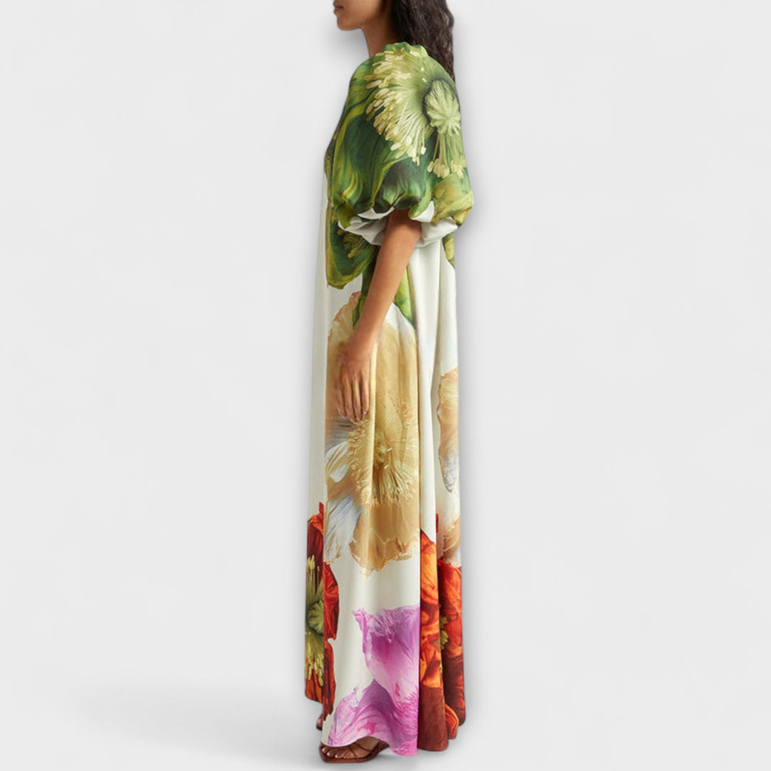 Sabina - Maxikleid mit Blumendruck, schrägem Kragen und Puffärmeln