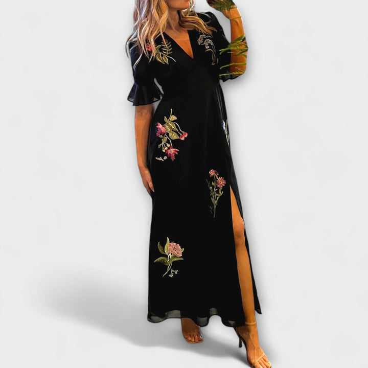 Zoe - Elegantes Navy Blau Kleid mit Floralstickerei
