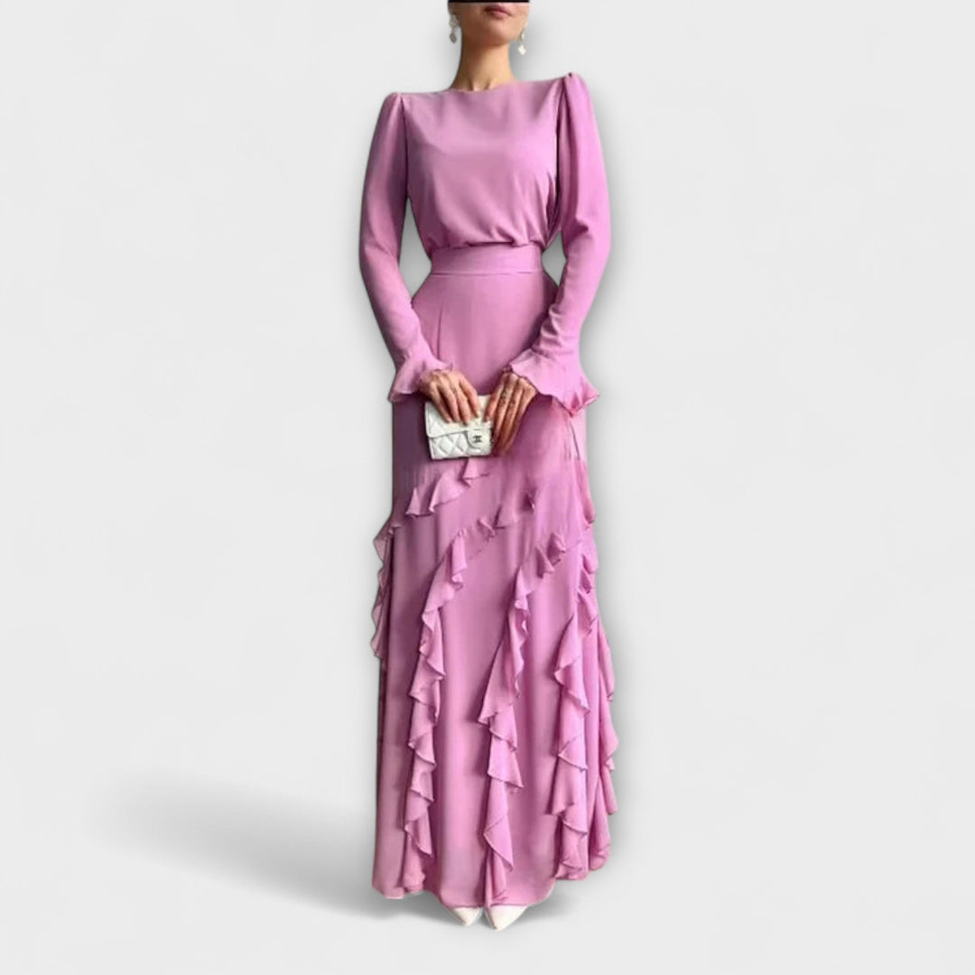 Almut - Slim Fit Langkleid mit dreidimensionalen Rüschen