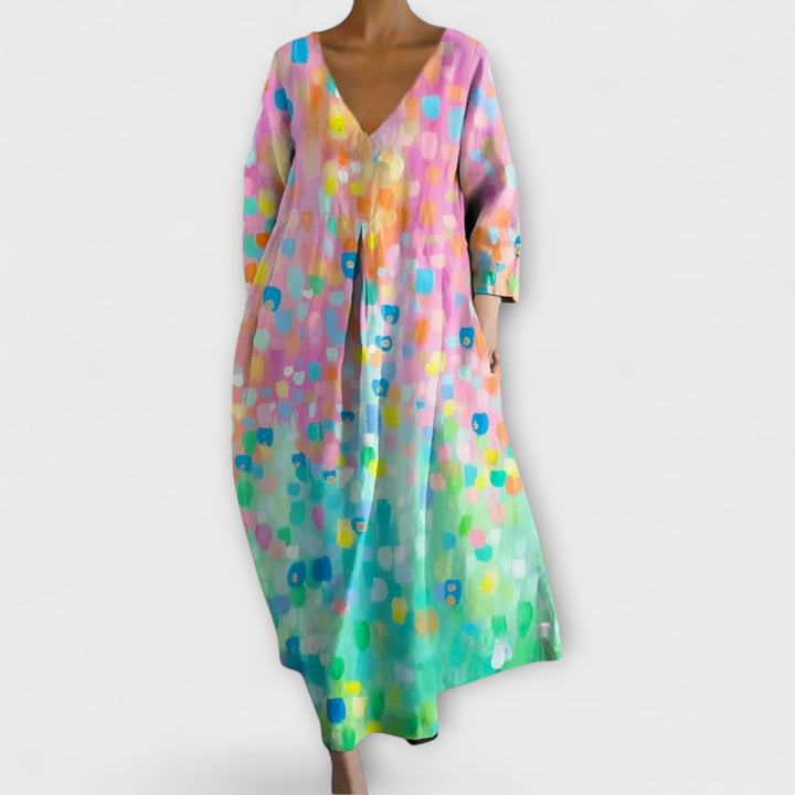 Melinda - Langes, farbenfrohes Kleid mit V-Ausschnitt