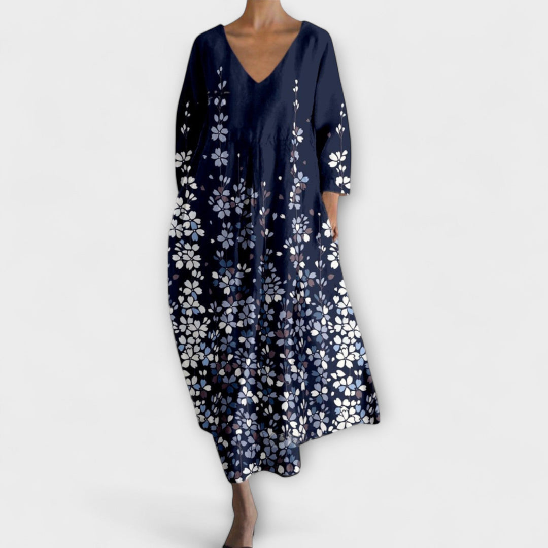Melinda - Langes, farbenfrohes Kleid mit V-Ausschnitt