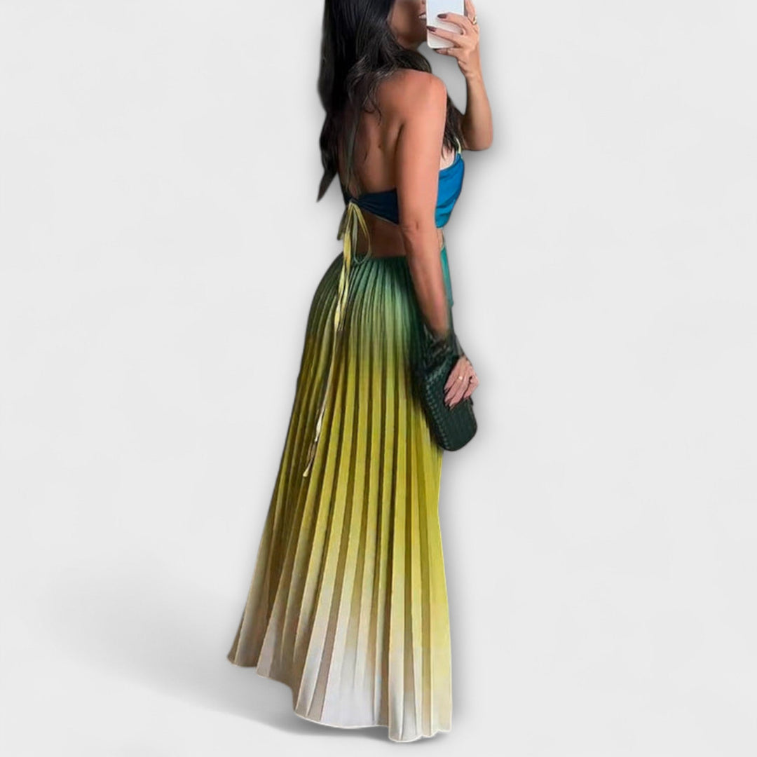 Friedel - Schickes Rückfreies Krawatten-Gradient Faltenmaxikleid